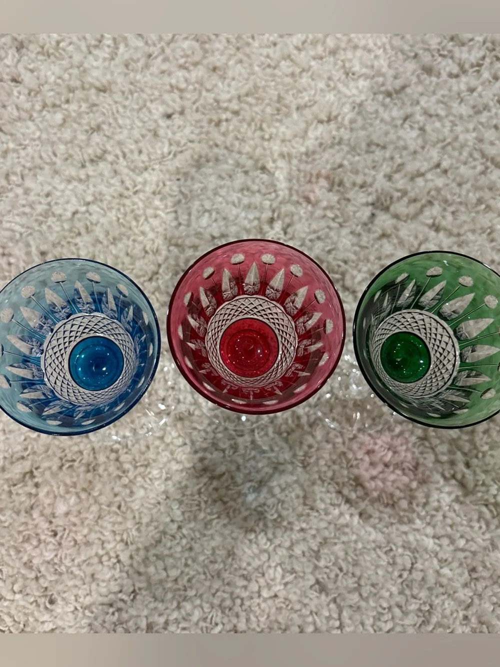 VTG Saint Louis Tommy Set of 3 Colored Crystal Cocktail Glasses Blue Red & Green